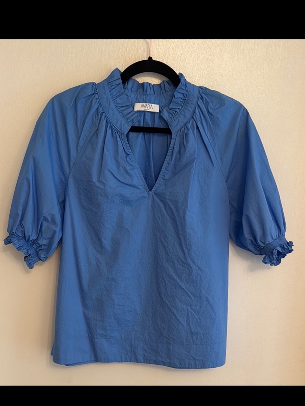 Avara Cotton Relaxed Ruffle Neck Blue Blouse